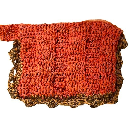 Jamin Puech Paris Hand Crocheted Raffia Straw Orange Zipper Pouch Bag Wallet - Picture 4 of 12